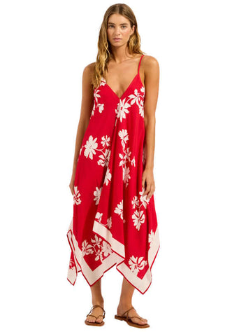Mayflower Scarf Dress Cosmo Red by Seafolly, featuring a flowing silhouette and floral pattern, perfect for beach outings.
