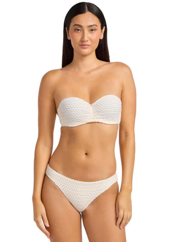 Mesh Effect Bandeau Bikini Ecru by Seafolly worn by model, featuring moulded cups and low-rise bottoms.