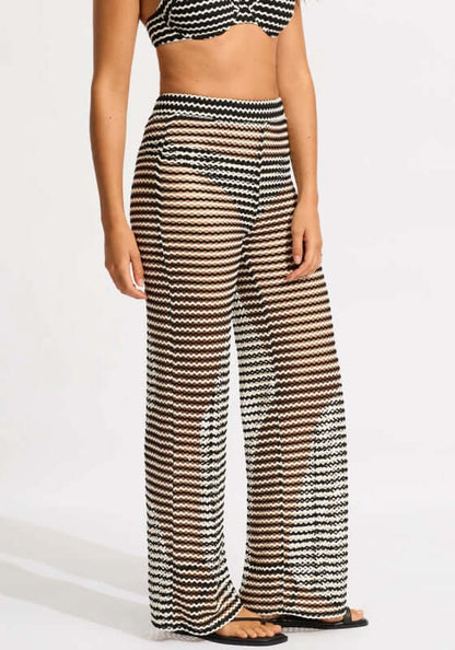 Mesh Effect Beach Trousers Black by Seafolly worn by a model showcasing the relaxed wide leg design.