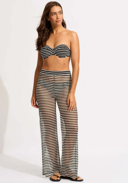 Mesh Effect Beach Trousers Black by Seafolly, featuring a model wearing wide leg beach pants with a bandeau top.