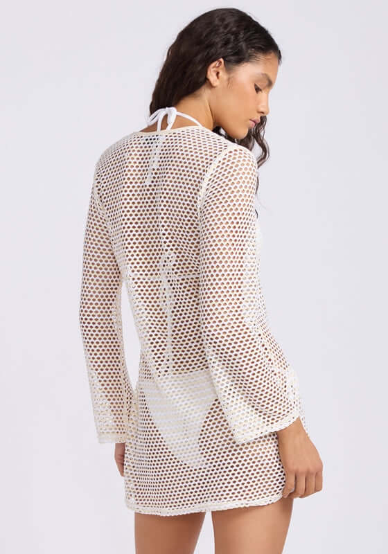 Mesh Effect Kaftan Ecru by Seafolly, featuring a stylish mesh design and relaxed wide sleeves, perfect for summer.