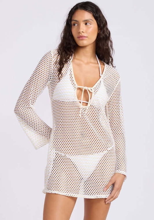 Mesh Effect Kaftan Ecru by Seafolly, featuring a mesh design and adjustable neck tie for a stylish beach cover up.