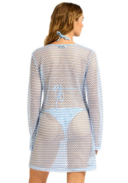 Mesh Effect Beach Kaftan Powder Blue by Seafolly, showcasing the mesh design and loose fit from the back.