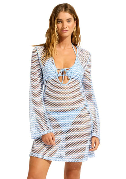 Mesh Effect Beach Kaftan Powder Blue by Seafolly worn by a model, featuring a v tie neckline and long sleeves.