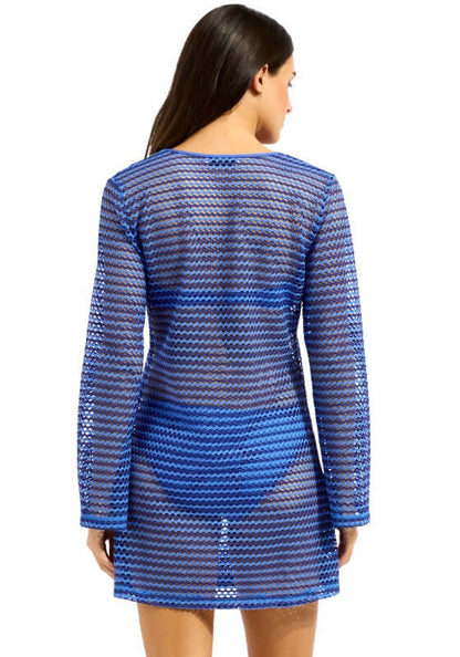 Mesh Effect Cover Up Sapphire by Seafolly, showcasing back view with relaxed fit and breezy long sleeves.