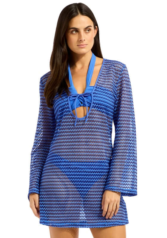 Mesh Effect Cover Up Sapphire by Seafolly, featuring a stylish blue mesh design and relaxed wide sleeves.