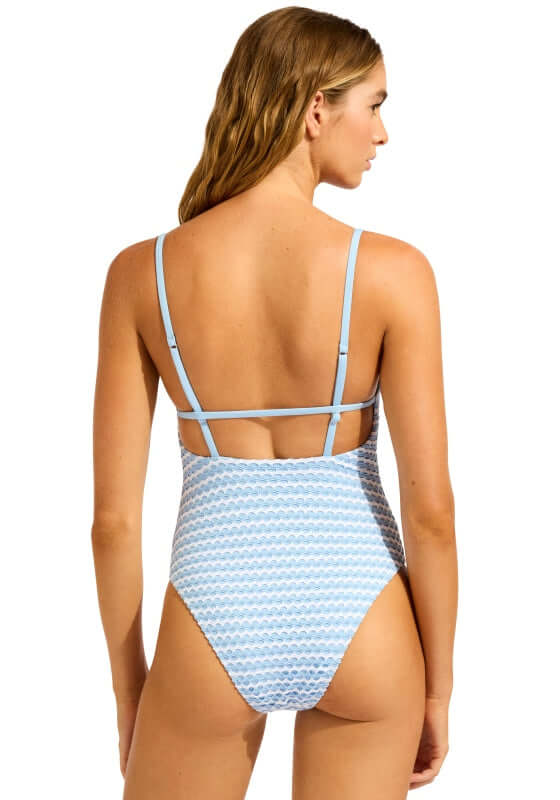 seafolly, blue and white swimsuit, mesh effect