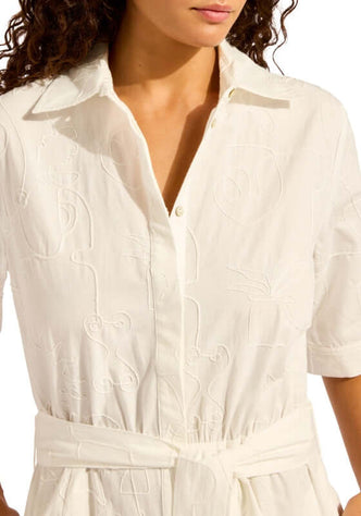 Mini Shirt Dress White by Seafolly, featuring a button-through design with delicate embroidery and adjustable waist tie.