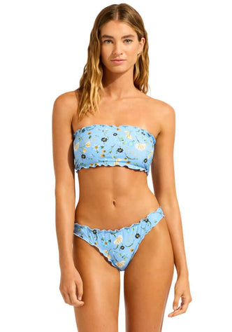 Modern Romance Bandeau Bikini Powder blue by Seafolly, model wearing a flattering bandeau bikini in powder blue floral print.