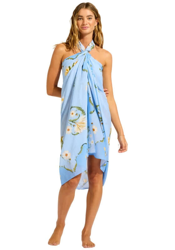 Modern Romance Sarong Powder Blue by Seafolly styled in a chic halter design, featuring bold floral prints.
