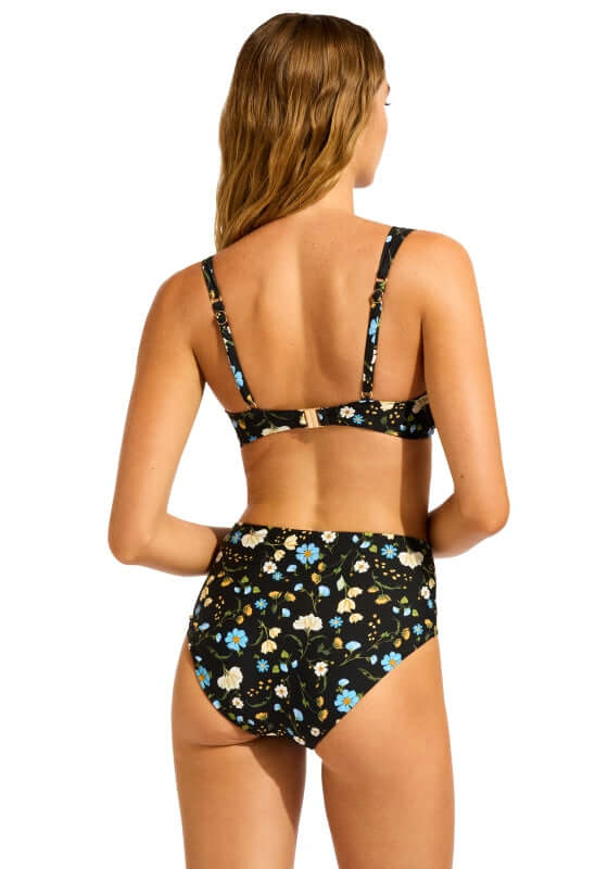 Ruched Bralette Bikini Modern Romance by Seafolly, showing the back view of the floral ruched bralette and high waisted bikini bottoms.
