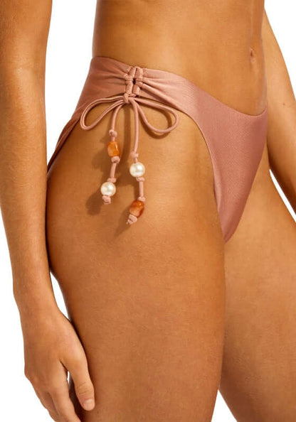 Palermo Ring Front Bandeau Bikini Mocha by Seafolly high legline tie side bottoms with ring and bead details.