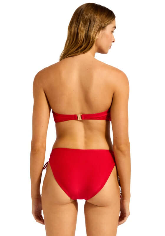 Palermo Bandeau Bikini Cosmo Red by Seafolly, back view of the swimsuit showcasing shiny fabric and tie side bottoms.