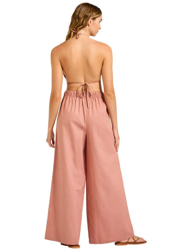 Palermo Wide Leg Beach Trousers Mocha by Seafolly, relaxed fit with a wide leg silhouette shown from the back.