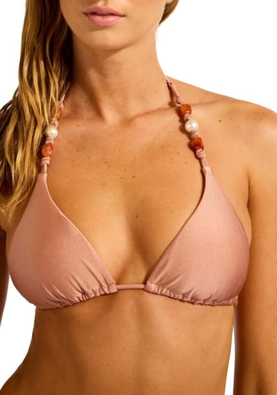 Palermo Triangle Bikini Mocha by Seafolly with beaded straps and removable cups, showcasing a stylish design.