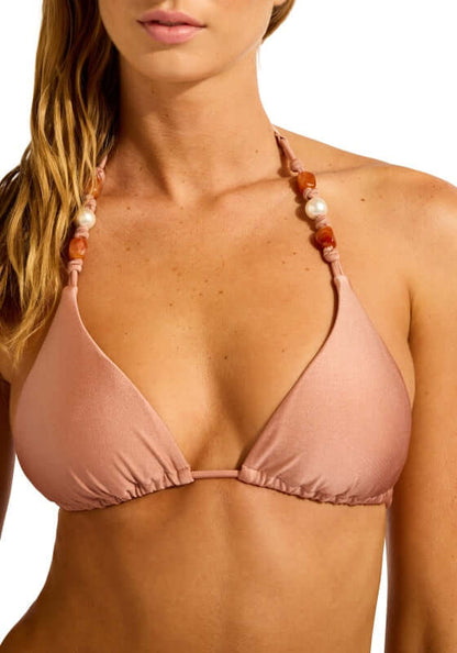 Palermo Triangle Bikini Mocha by Seafolly with beaded straps and removable cups, showcasing a stylish design.