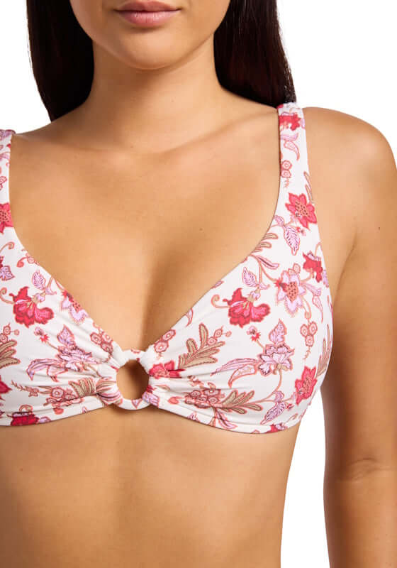 Summerchintz Ring Front Tank Bikini Ecru by Seafolly with vibrant red and pink paisley floral design and ring front detail.