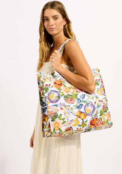 Riviera Coast Tote Bag by Seafolly featuring a floral design, perfect for beach holidays and everyday use.
