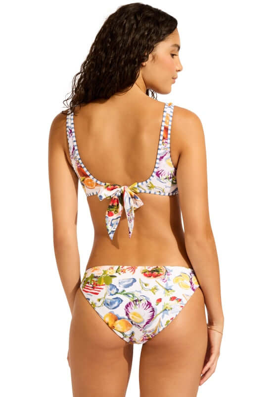 Riviera Coast Ring Front Tank Bikini by Seafolly, showcasing the colorful back design and tie detail of the bikini.