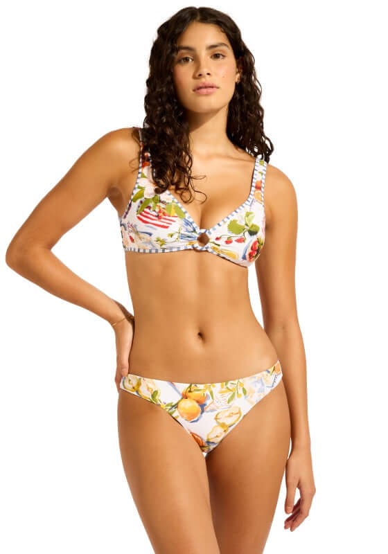 Riviera Coast Ring Front Tank Bikini by Seafolly model wearing colorful bikini with soft cups and regular coverage.