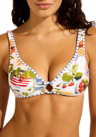 Riviera Coast Ring Front Tank Bikini by Seafolly, showing a colorful floral print with ring front and soft cups.