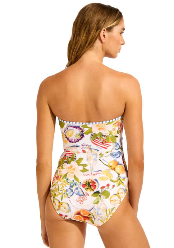 seafolly swimwear, white patterned bandeau swimsuit, back view
