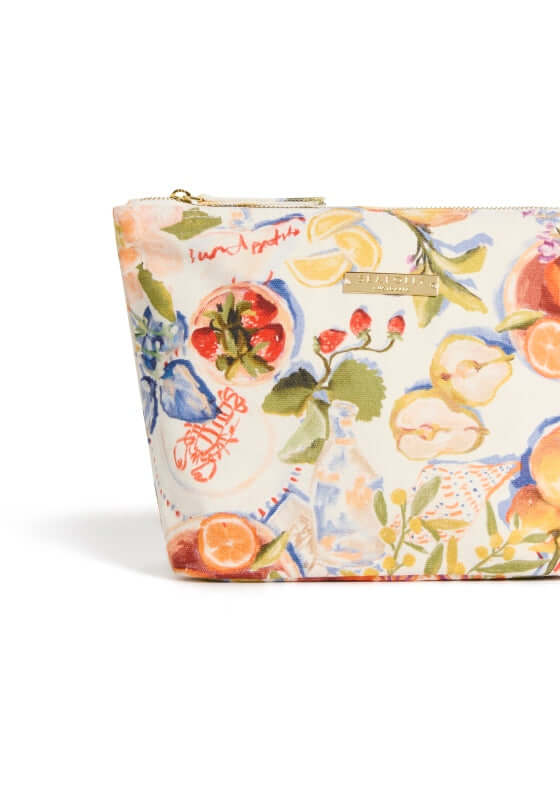 Riviera Coast Beach Pouch by Seafolly, a stylish patterned pouch bag with colorful floral and fruit design.