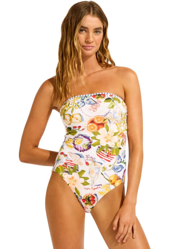 seafolly swimwear, white patterned bandeau swimsuit