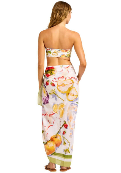 Riviera Coast Sarong by Seafolly, featuring a bold print showcased on a model from the back, perfect for stylish poolside wear.