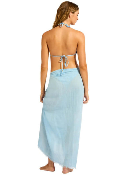 Textured Wrap Sarong Cornflower Blue by Seafolly, showcasing a model wearing a cotton beach wrap at the poolside.