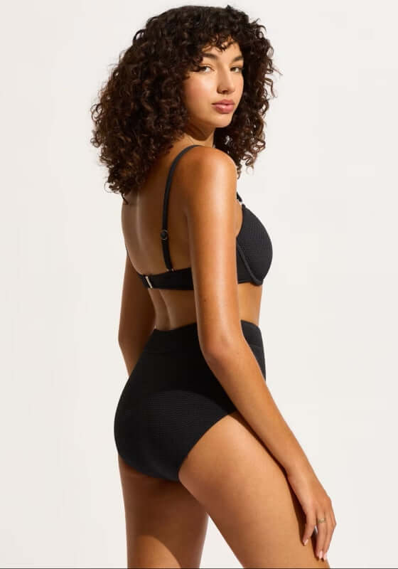 SeaDive High Waist Pant by Seafolly, sleek black bikini bottom with high-waist cut shown from the side.