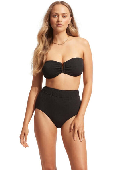 SeaDive High Waist Pant by Seafolly, sleek black bikini bottom with flattering high-waist cut and premium fabric.