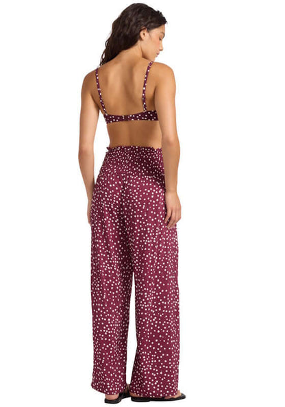 Dolce Dot Shirred Waist Beach Trouser by Seafolly, burgundy trousers with white polka dots, back view, perfect for beachwear.
