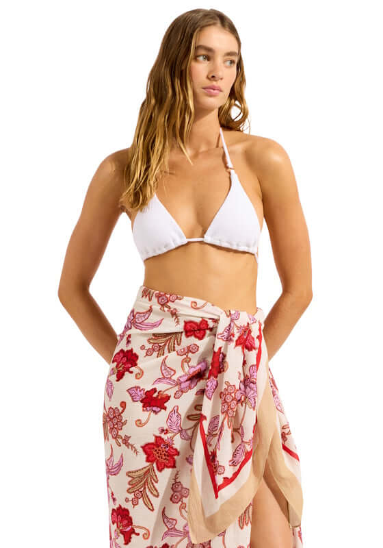 Summerchintz Sarong Ecru by Seafolly draping elegantly over swimwear, perfect for beach to dinner transitions.