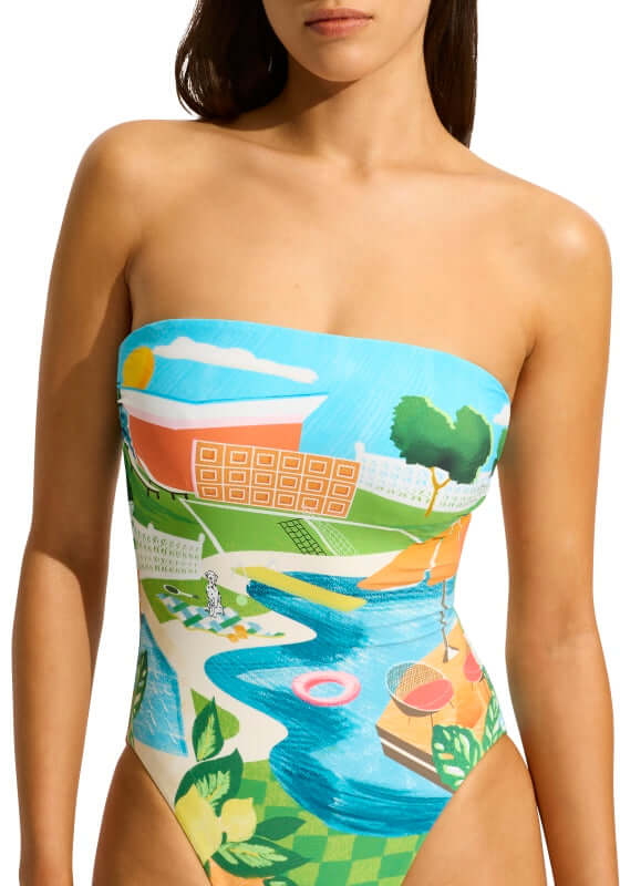 Sunset DD Bandeau Swimsuit by Seafolly, featuring a vibrant design with a scenic landscape in multicolor.