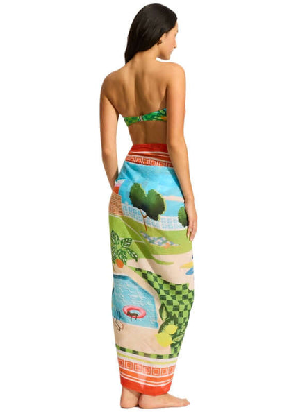 Sunset Sarong by Seafolly, featuring a vibrant aquatic print, perfect for beach-to-bar elegance.