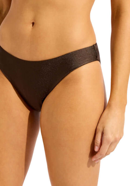 Palermo Hipster Bikini Bottoms Sepia by Seafolly side view of sleek bikini bottom in a dark sepia color