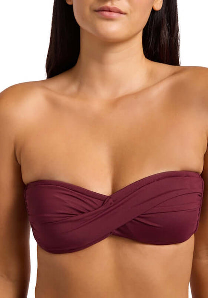 Twist Bandeau Bikini Burgundy by Seafolly, featuring a chic burgundy bandeau top with soft cups and elegant twist detail.