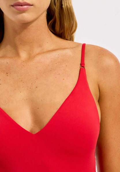 V Neck Swimsuit Cosmo Red by Seafolly featuring adjustable straps and a plunging neckline.