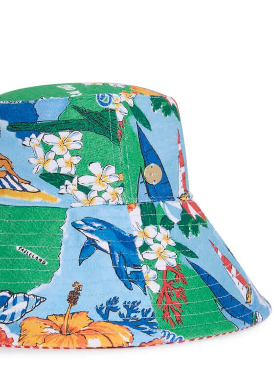 Viva Vacation Oversized Bucket Hat by Seafolly featuring a colorful floral and marine pattern, perfect for summer style.