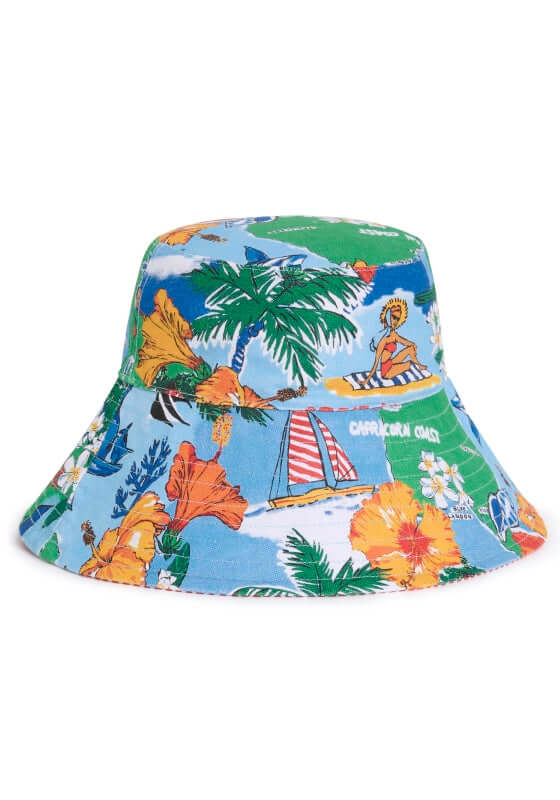 Viva Vacation Oversized Bucket Hat by Seafolly, colorful print featuring tropical motifs on a reversible bucket hat.