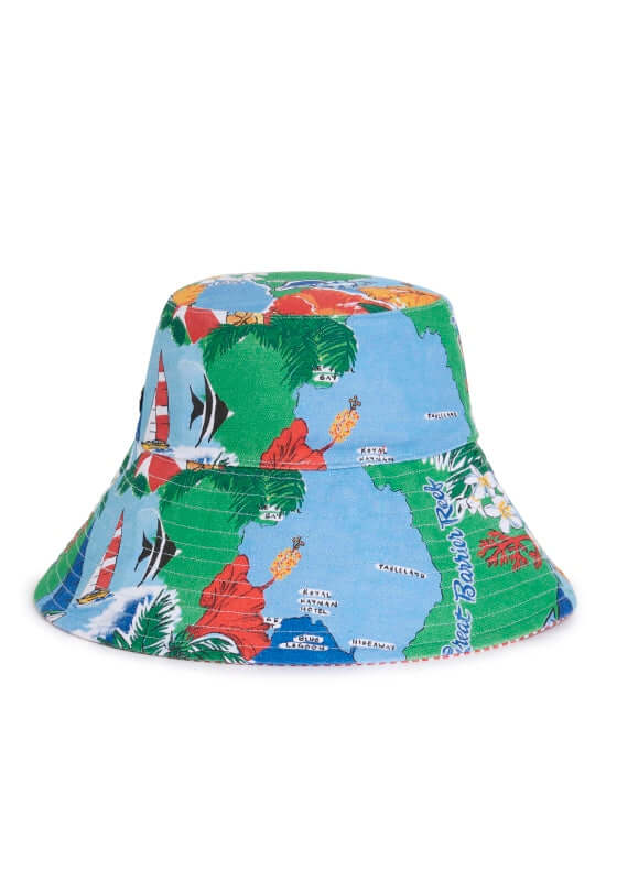 Viva Vacation Oversized Bucket Hat by Seafolly, colorful patterned reversible bucket hat perfect for holiday style.