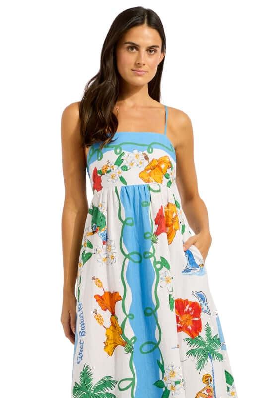 Viva Vacation Maxi Dress by Seafolly showcasing a colorful floral print on a model, perfect for summer outings.