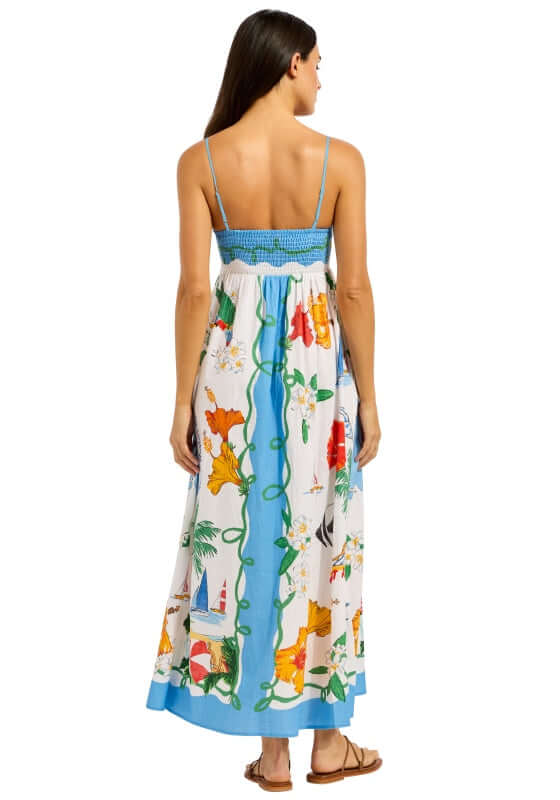 Viva Vacation Maxi Dress by Seafolly, showcasing the vibrant back design with floral prints in blue and colorful tones.