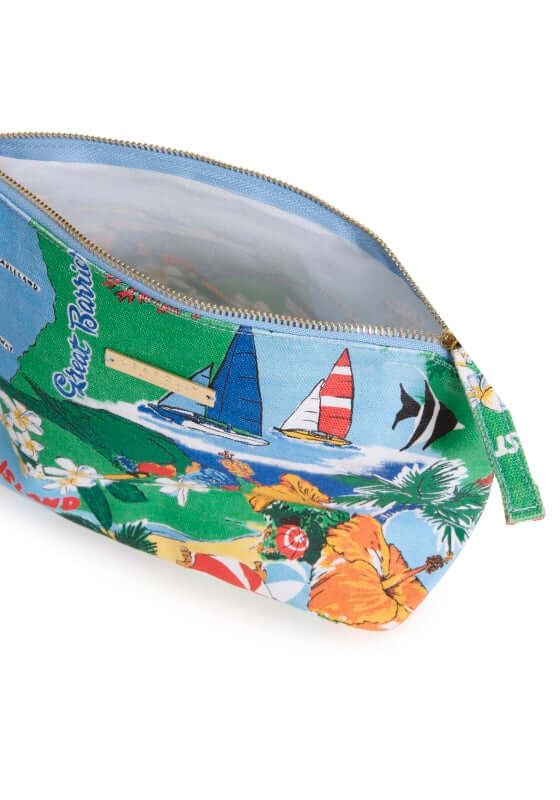 Viva Vacation Beach Pouch by Seafolly, colorful beach pouch with ocean and sailboat design, showcasing 30cm zip opening.