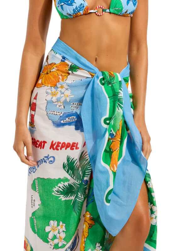 Viva Vacation Sarong by Seafolly, a vibrant sarong wrapped around a model, showcasing a tropical print design.
