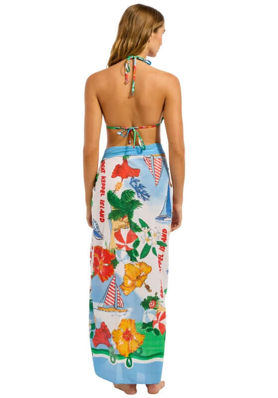 Viva Vacation Sarong by Seafolly, vibrant beach print wrap seen from behind on a model, perfect for resort wear.