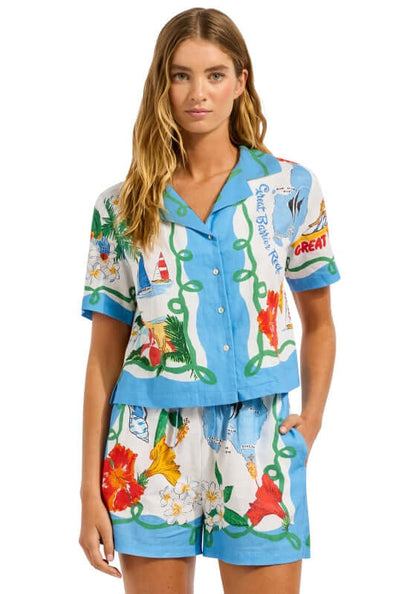 Viva Vacation Crop Shirt by Seafolly, featuring a vibrant blue vacation print with floral patterns for beach days.