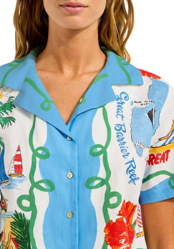 Viva Vacation Crop Shirt by Seafolly, featuring a vibrant vacation print on a lightweight beach shirt.
