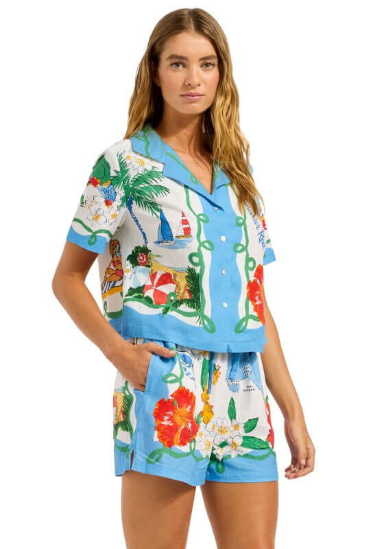 Viva Vacation Crop Shirt by Seafolly, vibrant blue beach shirt with floral prints and relaxed fit, perfect for coastal getaways.